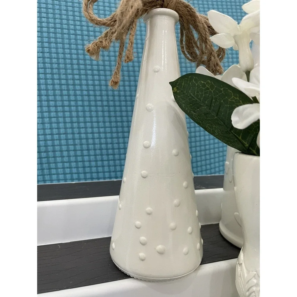 Farmhouse Style White Vases With Faux Flower Floral Painted Set Of 3